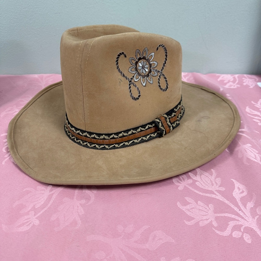 Vintage Tan Embroidered Cowboy Hat XL Western Floral Suede Feel Union Made - Picture 3 of 14